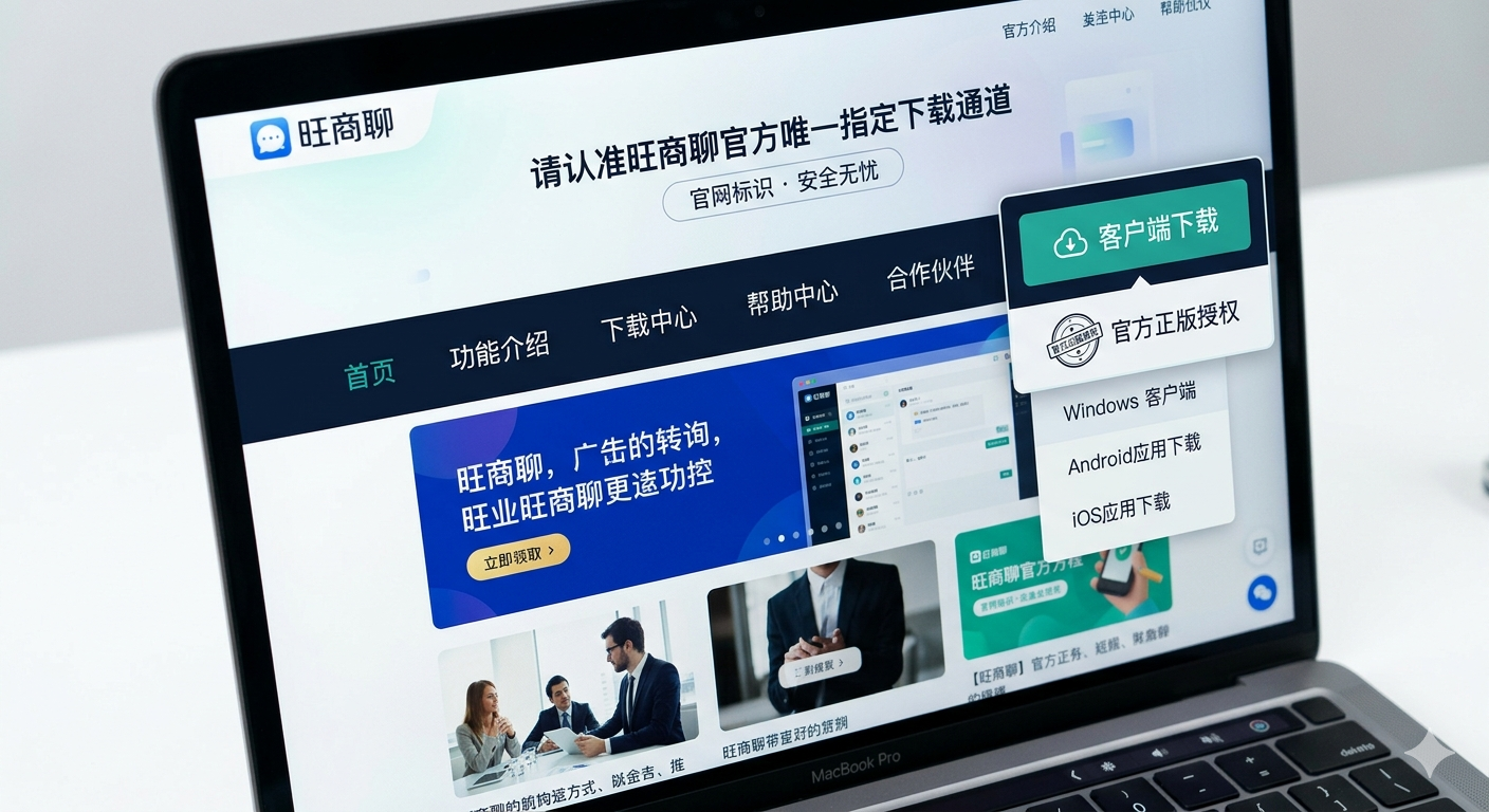 旺商聊官网首页顶部导航栏中的下载入口。认准官方标识，避免误入第三方下载站